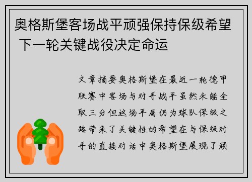奥格斯堡客场战平顽强保持保级希望 下一轮关键战役决定命运