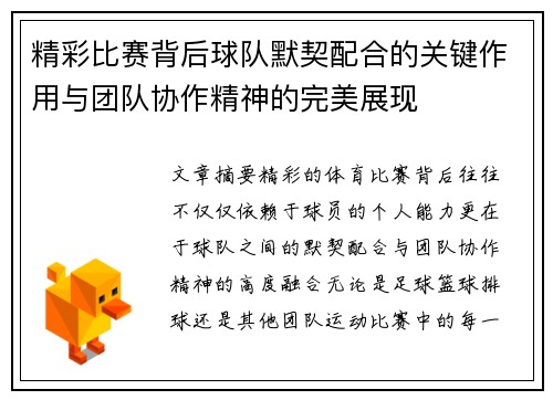 精彩比赛背后球队默契配合的关键作用与团队协作精神的完美展现