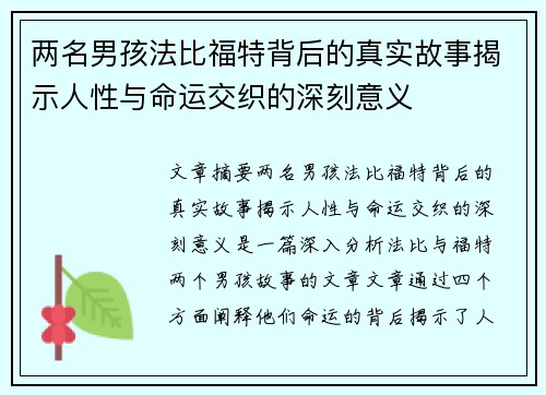 两名男孩法比福特背后的真实故事揭示人性与命运交织的深刻意义