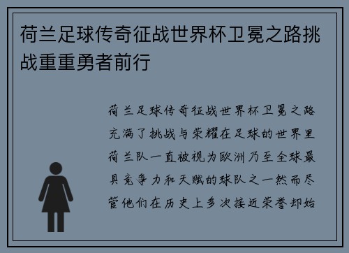 荷兰足球传奇征战世界杯卫冕之路挑战重重勇者前行