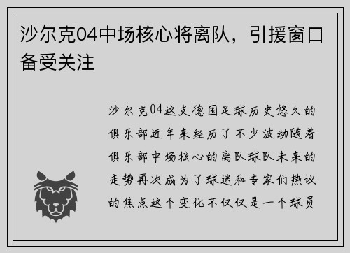 沙尔克04中场核心将离队，引援窗口备受关注