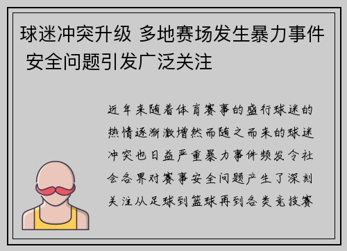 球迷冲突升级 多地赛场发生暴力事件 安全问题引发广泛关注